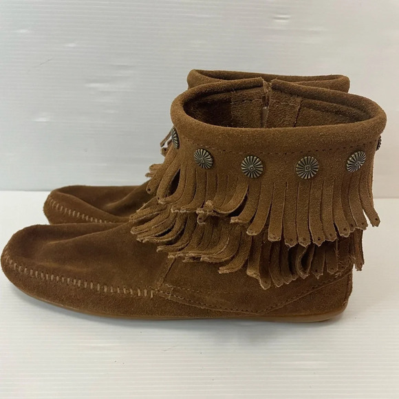 Minnetonka Double Fringe Side Zip Boot Dusty Brown Size 9 - Picture 3 of 9
